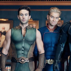 Chace Crawford (as The Deep), Antony Starr (as Homelander), Nathan Mitchell (as Black Noir) in The Boys season 5